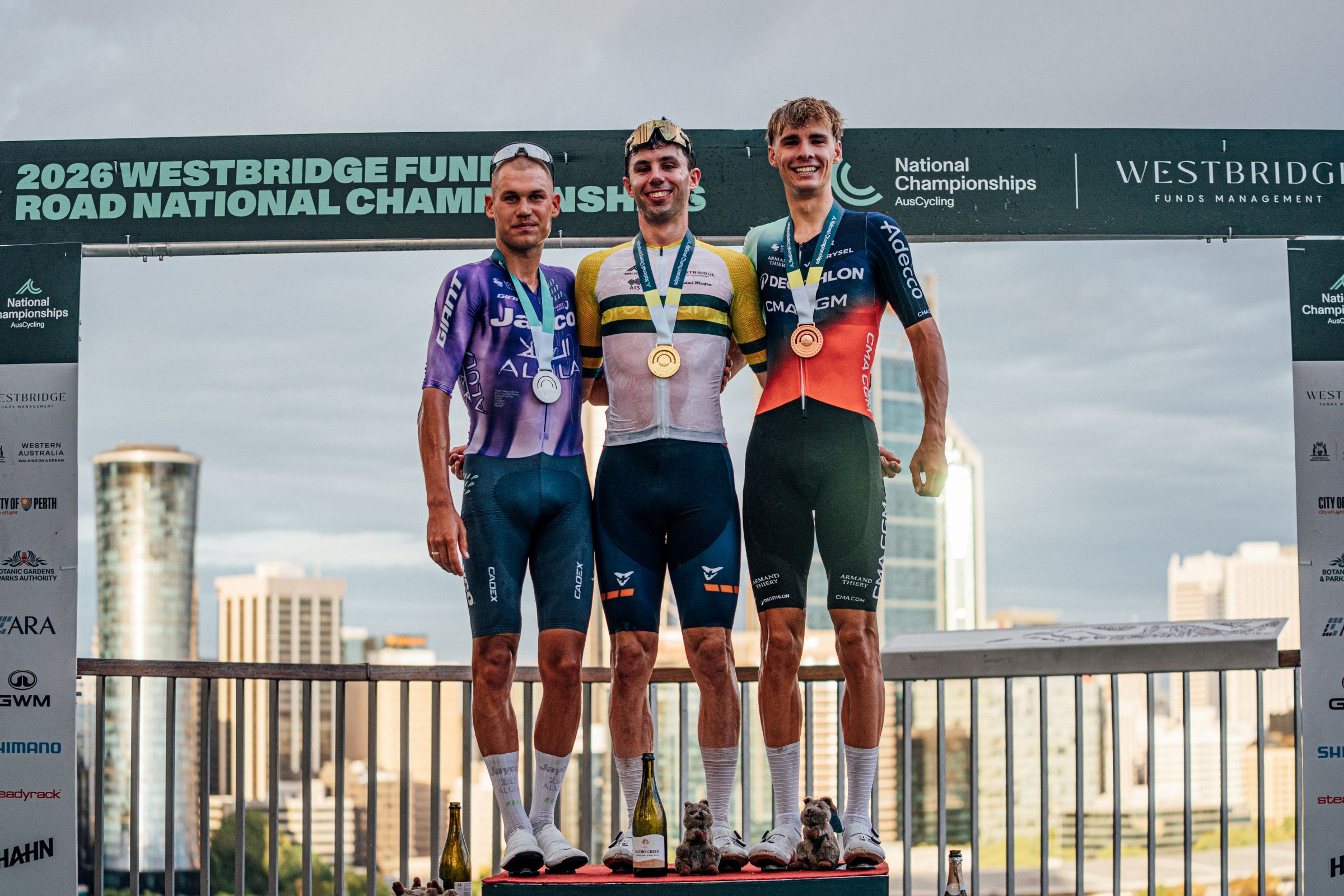 Patrick Eddy, Luke Plapp and Oscar Chamberlain on the elite men road race podium at the Westbridge Funds Road National Championships in Perth.